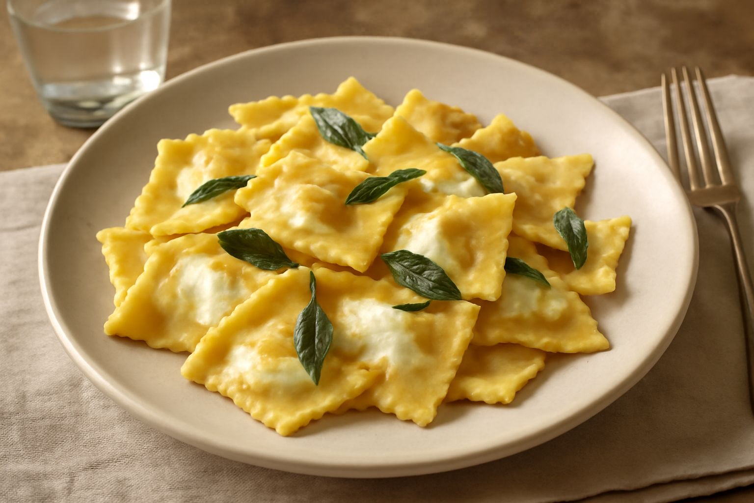 Piatto di maltagliati ca' ricotta conditi al burro e salvia, con forme irregolari dorate, ricoperti di parmigiano grattugiato e foglie di salvia fresca