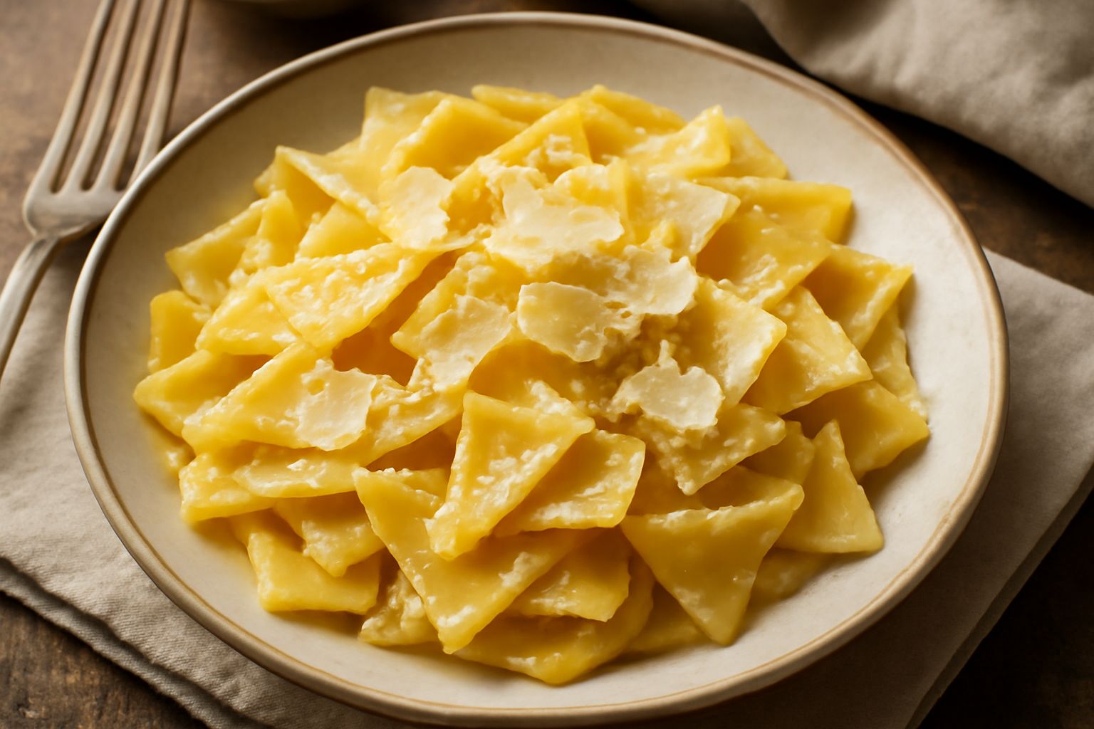 Maltagliati al burro e formaggio serviti in un piatto bianco fondo, cremosi e giallo oro, cosparsi di scaglie di formaggio e pepe nero, mantecati appena, con burro visibile