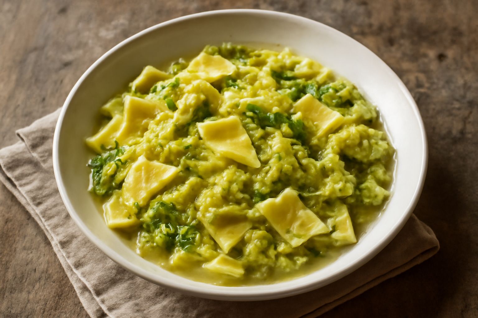 Piatto di maltagliati con cavolo verza in una ciotola bianca. La pasta color grano si mescola al cavolo verde tenero stufato, con un filo d'olio dorato in superficie. Piatto servito su sfondo neutro c