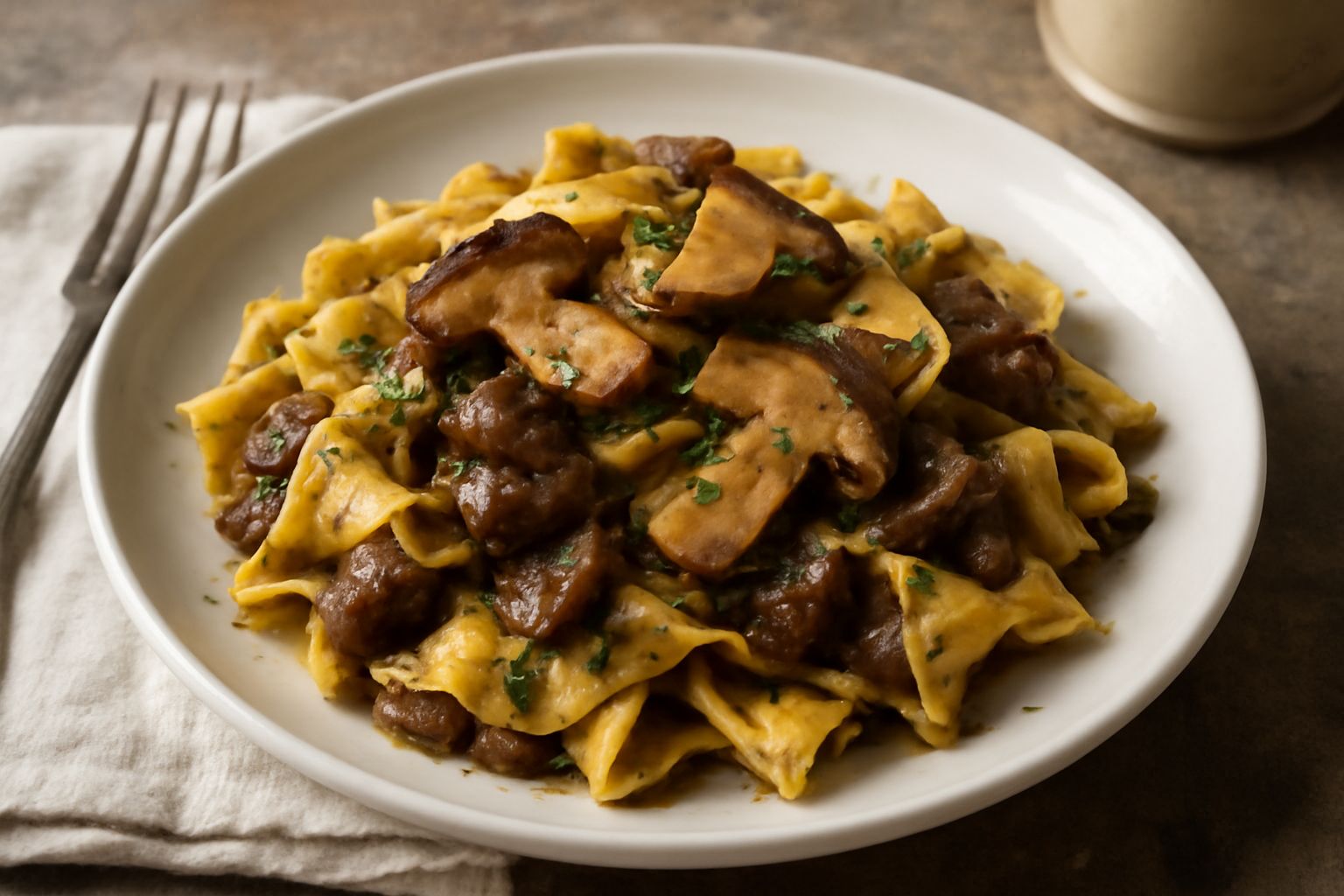 Piatto di maltagliati con funghi porcini in primo piano: pasta irregolare di colore giallo-dorato condita con funghi trifolati scuri, aglio e prezzemolo verde, servita in ciotola di ceramica bianca co