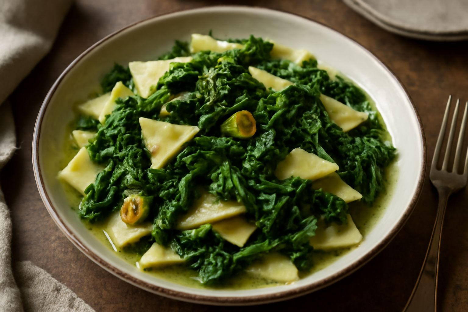 Piatto di maltagliati color crema con cime di rapa verde intenso, aglio dorato, gocce di olio extravergine, su fondo bianco in ceramica