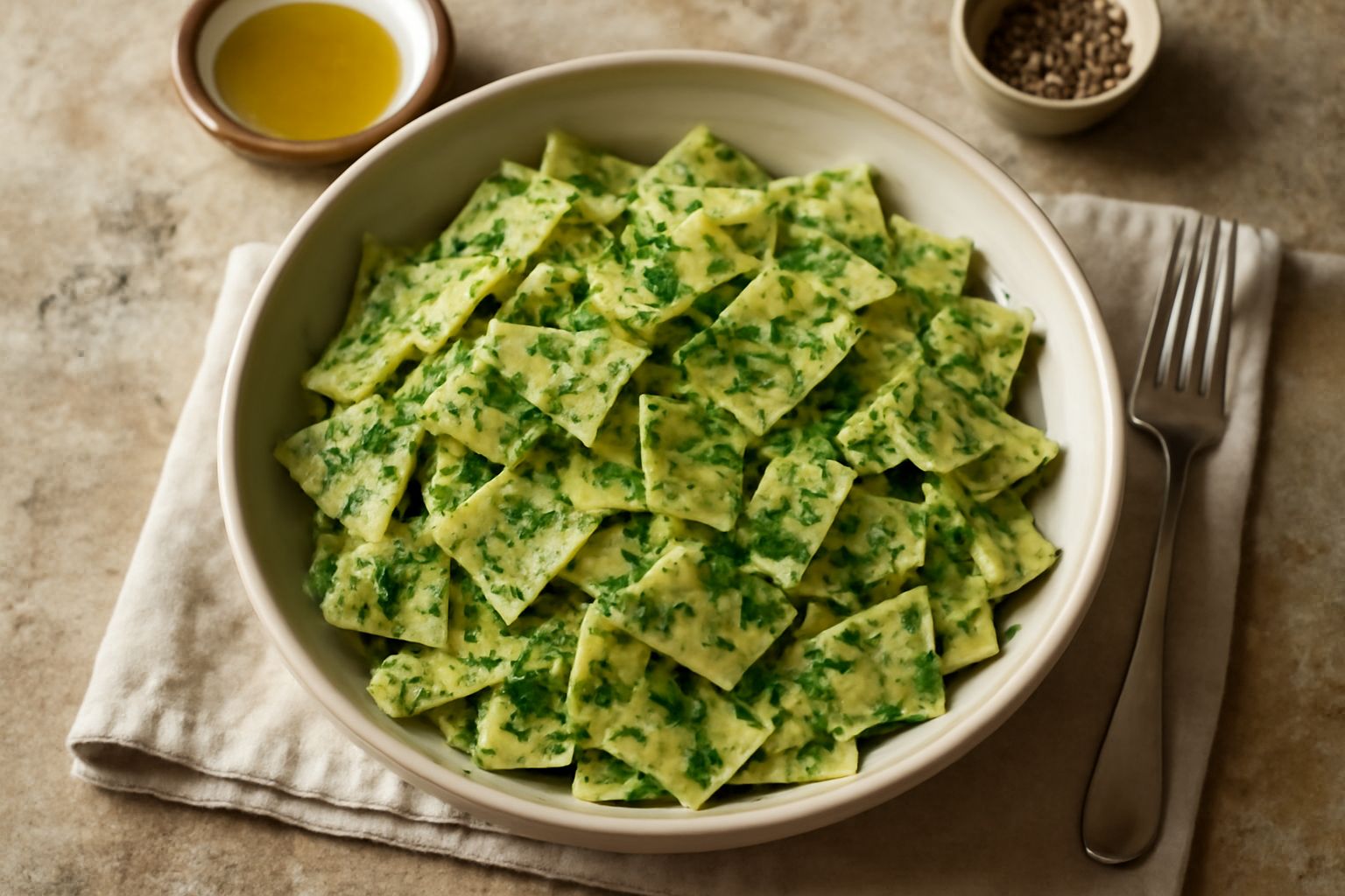 Piatto di maltagliati verdi e gialli con erbe fresche, olio d'oliva e scaglie di parmigiano, impiattati in ciotola bianca su tavolo di legno