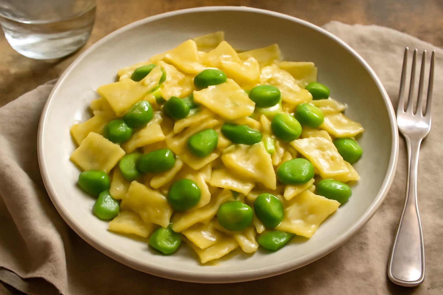 Piatto di maltagliati con fave fresche, pasta irregolare color giallo paglierino con fave verdi brillanti, condimento leggero d'olio, pezzi di cipolla morbida, servito in piatto bianco fondo.