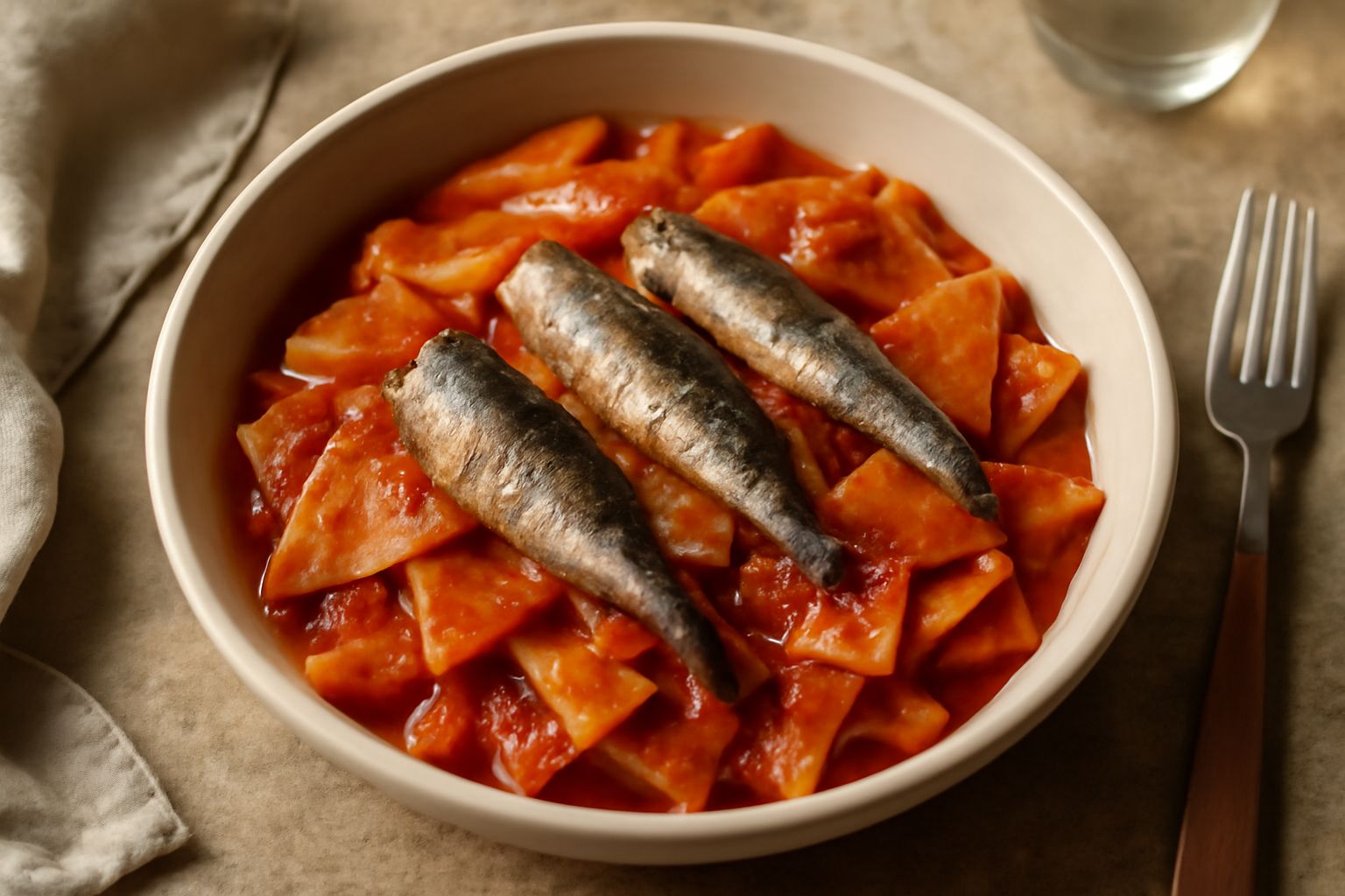 Piatto di maltagliati con le sarde, pasta irregolare color ambra condita con sarde grigie, salsa rossa di pomodoro, prezzemolo verde, servito in piatto fondo bianco