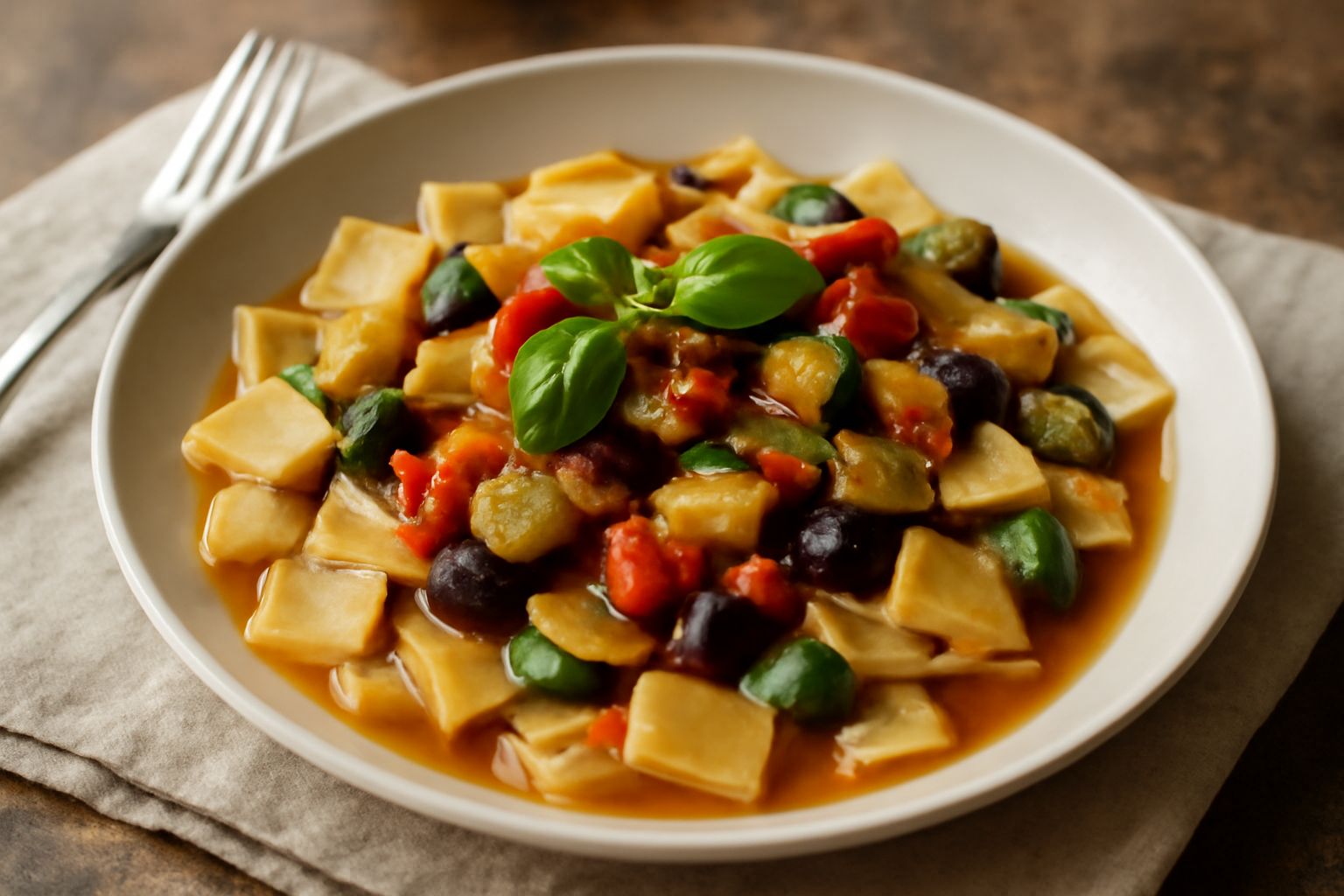 Piatto di maltagliati con zucchine verdi, melanzane viola, pomodori rossi e basilico fresco, servito in una ciotola bianca con un filo di olio d'oliva.
