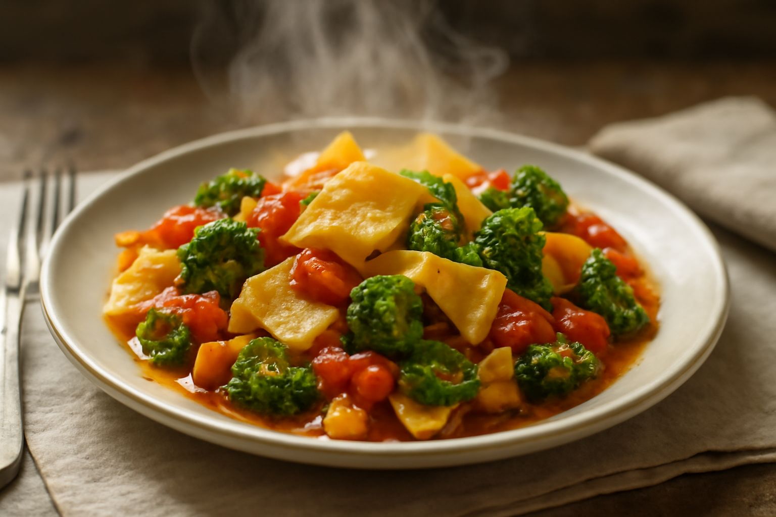 Maltagliati conditi con verdure multicolore in un piatto bianco: zucchine verdi, pomodori rossi, melanzane violette, cipolla e basilico fresco, olio d'oliva visibile sul fondo