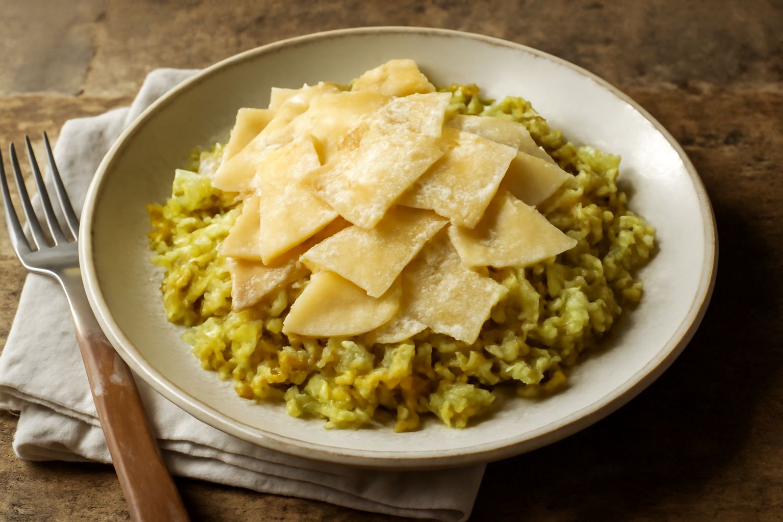 Piatto di maltagliati con verze: pasta irregolare color grano coperta da cavolo ripassato verde scuro, burro fuso e grattugia di formaggio, servito su piatto bianco fondo.