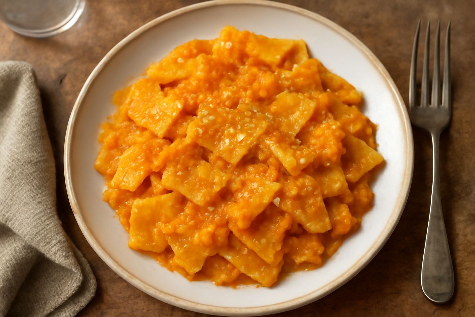 Piatto di maltagliati color nocciola con zucca arancione, guarniti con salvia fritta e una spolverata di parmigiano, in un piatto bianco su sfondo legno scuro