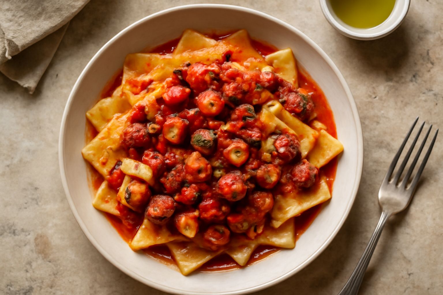 Piatto di maltagliati color bianco crema con pezzi di polpo rosso scuro, prezzemolo verde e gocce di olio, su fondo bianco