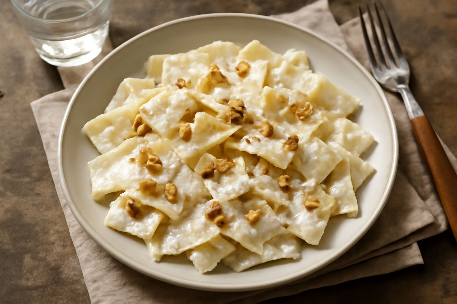 Maltagliati bianchi e irregolari conditi con ricotta color crema, noci tostate spezzettate in superficie, filo di olio verde chiaro, prezzemolo fresco tritato, piatto di ceramica bianca, fondo leggerm