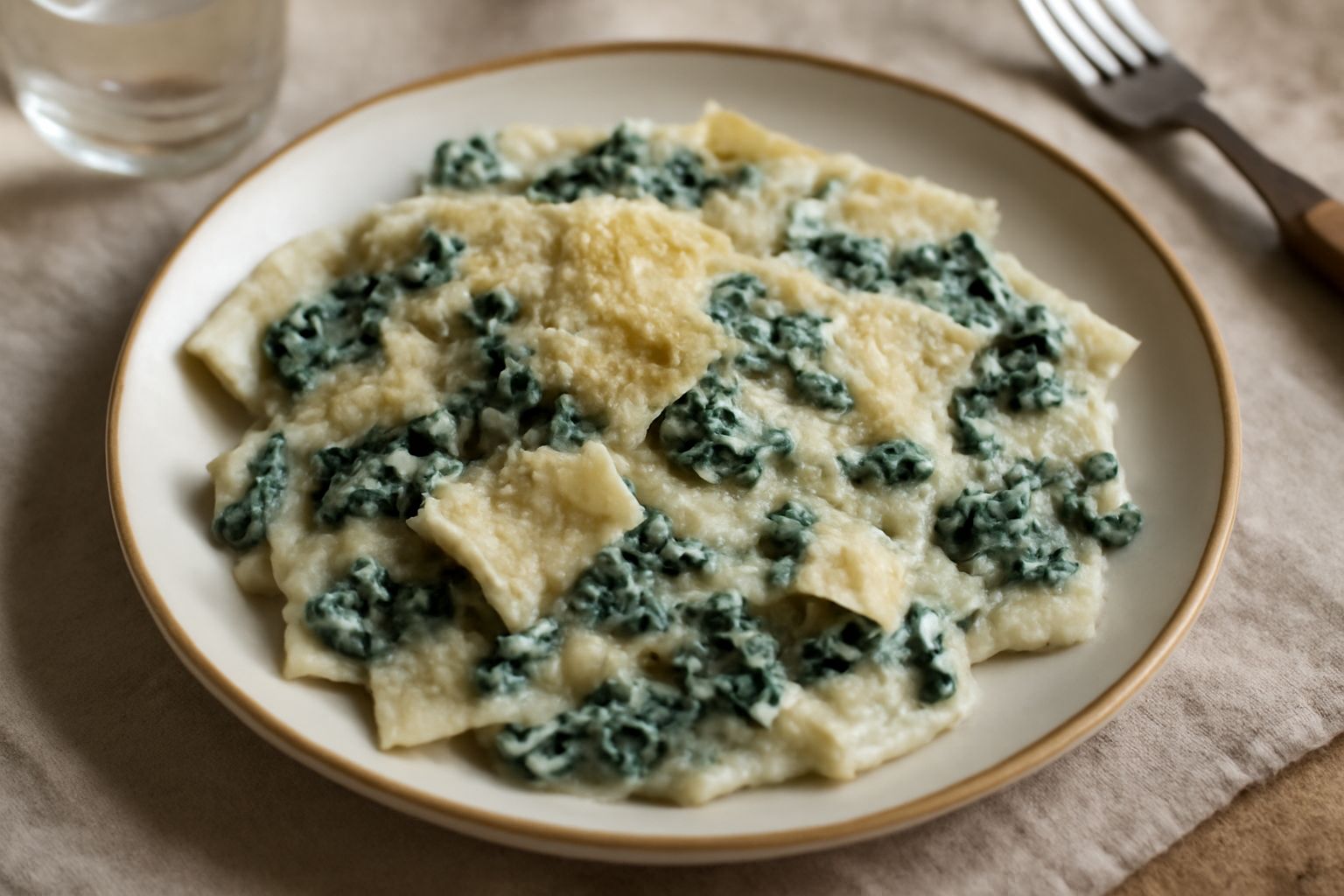 Piatto bianco con maltagliati rivestiti di salsa cremosa bianco-verde, spinaci interi sparsi in superficie, scaglie di parmigiano giallo paglierino, servito su tavolo di legno scuro.