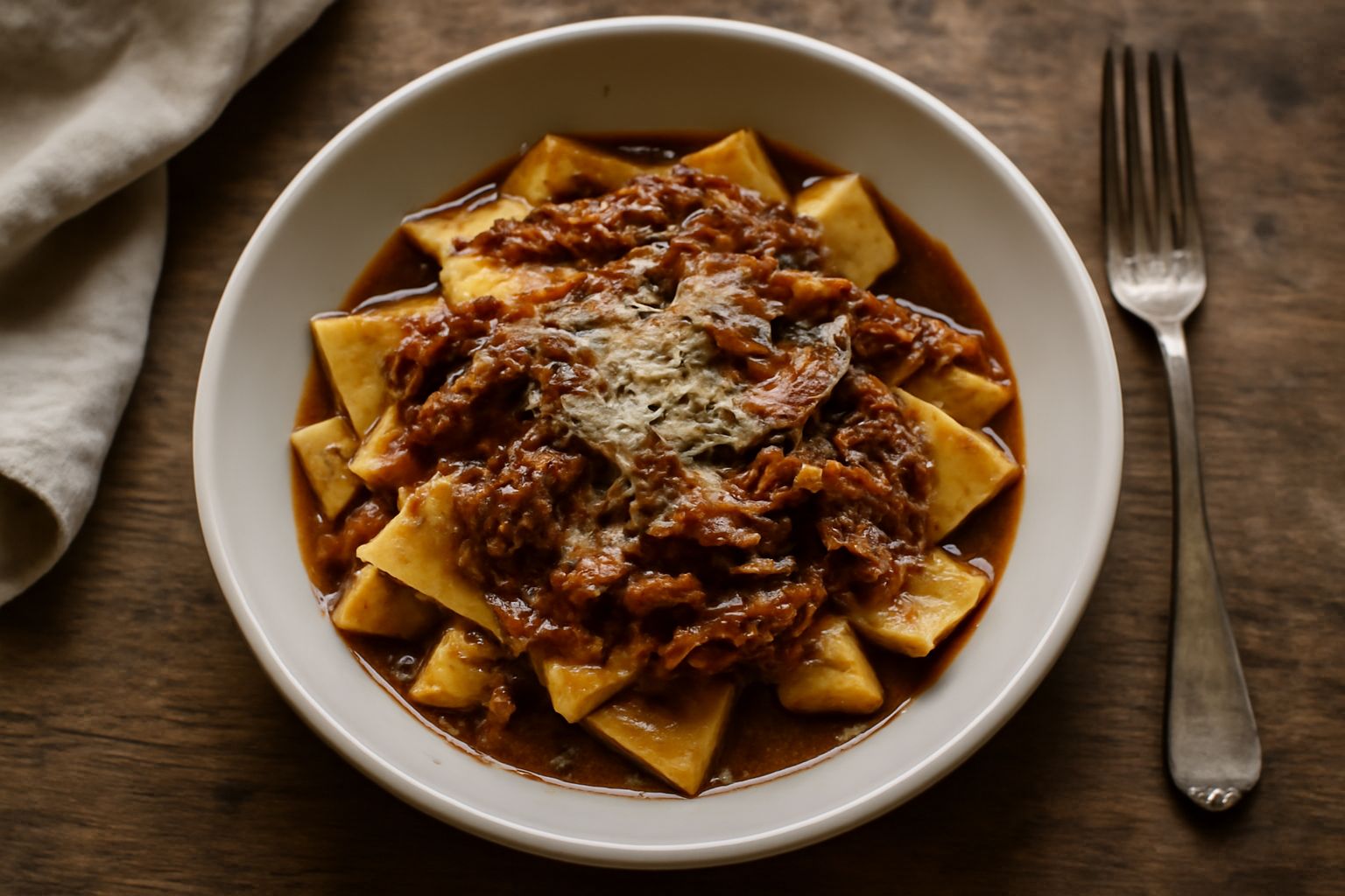 Piatto bianco fondo con maltagliati irregolari conditi da sugo rosso scuro e pezzi visibili di oca cotta, cosparto di parmigiano grattugiato e prezzemolo fresco tritato