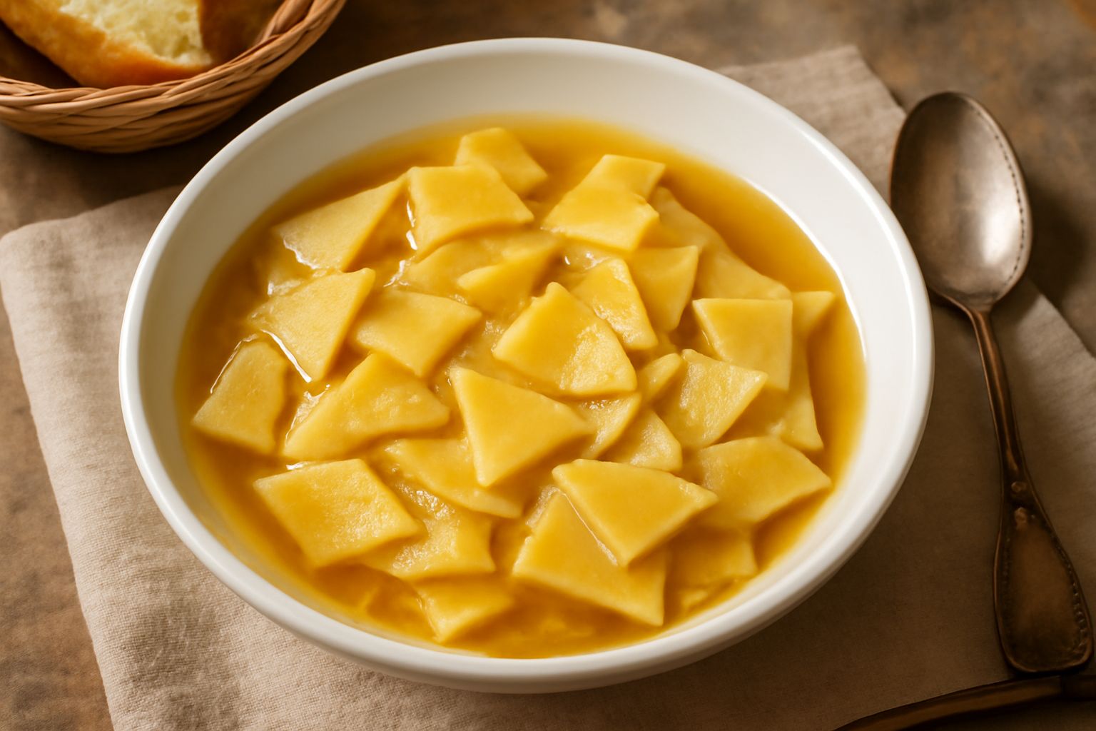 Ciotola di ceramica bianca con maltagliati irregolari galleggianti in brodo trasparente dorato, con filo di olio di oliva, prezzemolo fresco e grana grattugiato in superficie