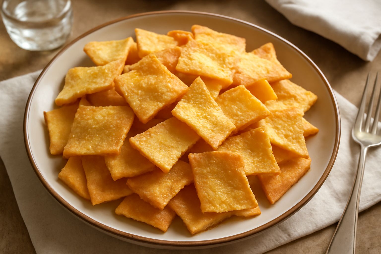 Maltagliati dolci dorati e croccanti su un piatto bianco, con forme irregolari e bordi leggermente caramellati, accanto a una tazza di caffè scuro