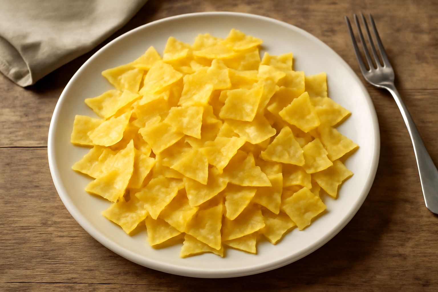 Maltagliati d'uovo grezzi disposti su una spianatoia in legno, dal colore giallo paglierino, accanto a una frusta e un mucchietto di farina bianca