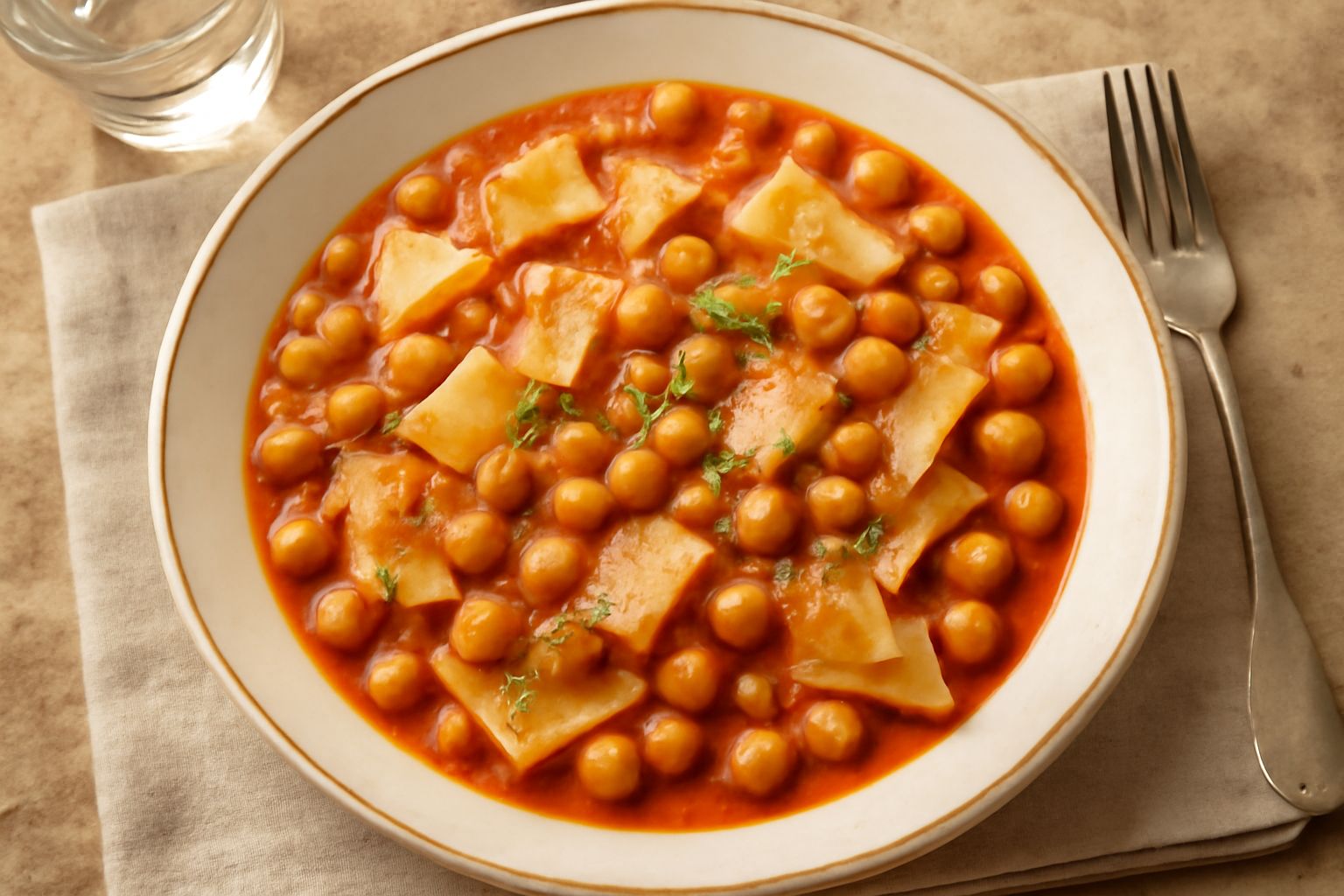 Ciotola di ceramica con maltagliati e ceci in sugo rosso pomodoro, ceci interi grigi e pasta frammentata gialla, spruzzata di prezzemolo fresco verde scuro, su tavolo rustico di legno chiaro