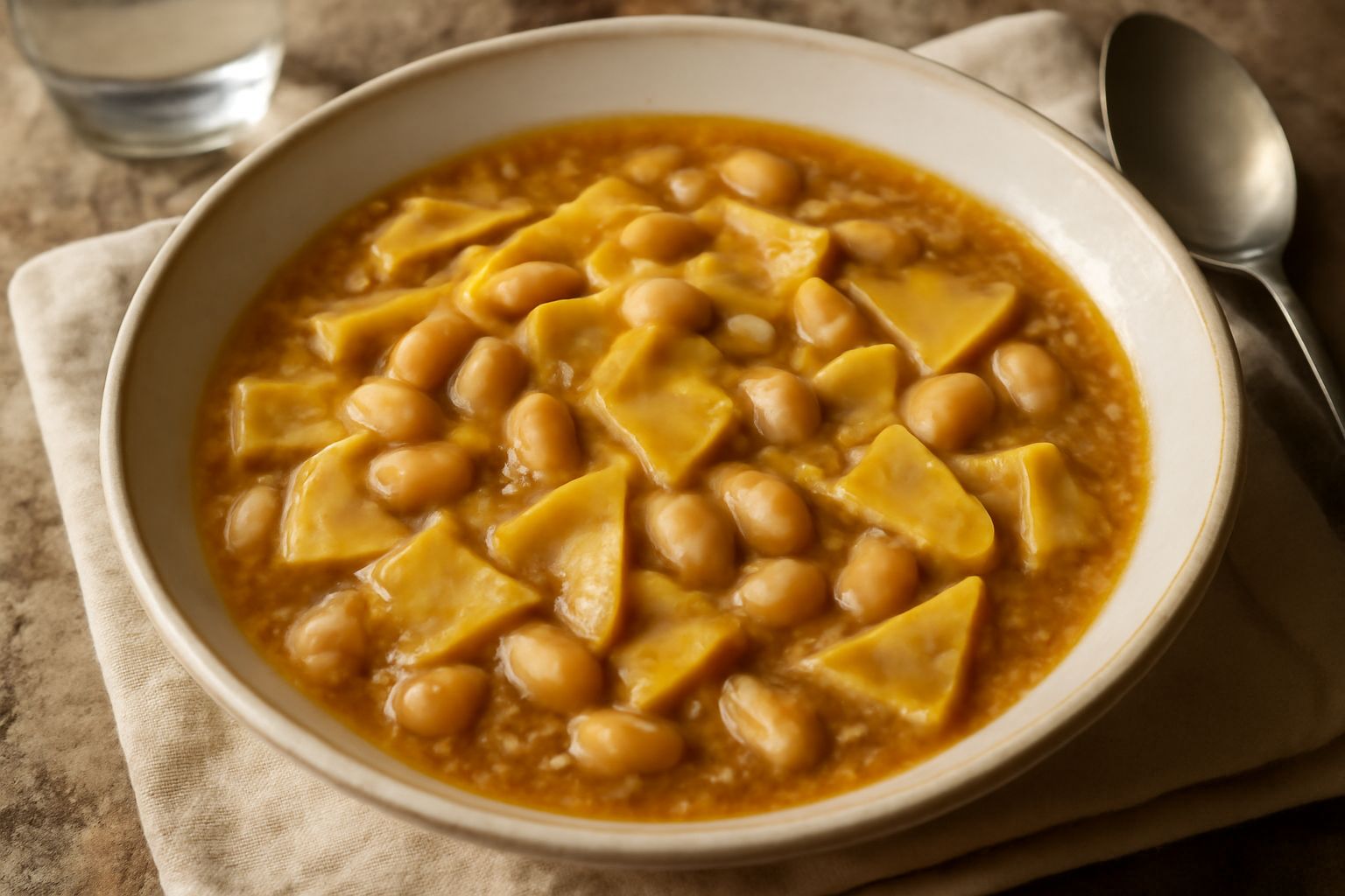 Piatto fondo di ceramica bianca con maltagliati e fagioli bianchi in brodo marrone chiaro, decorato con filo d'olio verde e pepe nero, cucchiaio di legno a lato