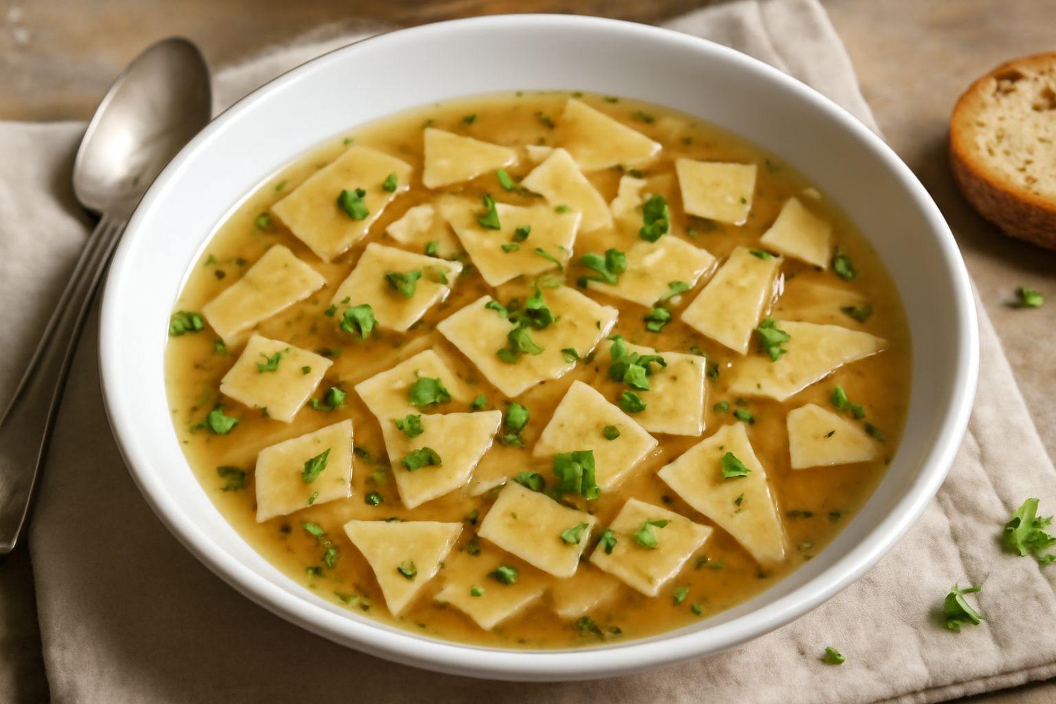 Ciotola di ceramica bianca con maltagliati cotti in brodo trasparente e profumato, piccoli pezzi di pasta irregolari che galleggiano, prezzemolo fresco verde sulla superficie, fondo sfumato di brodo c