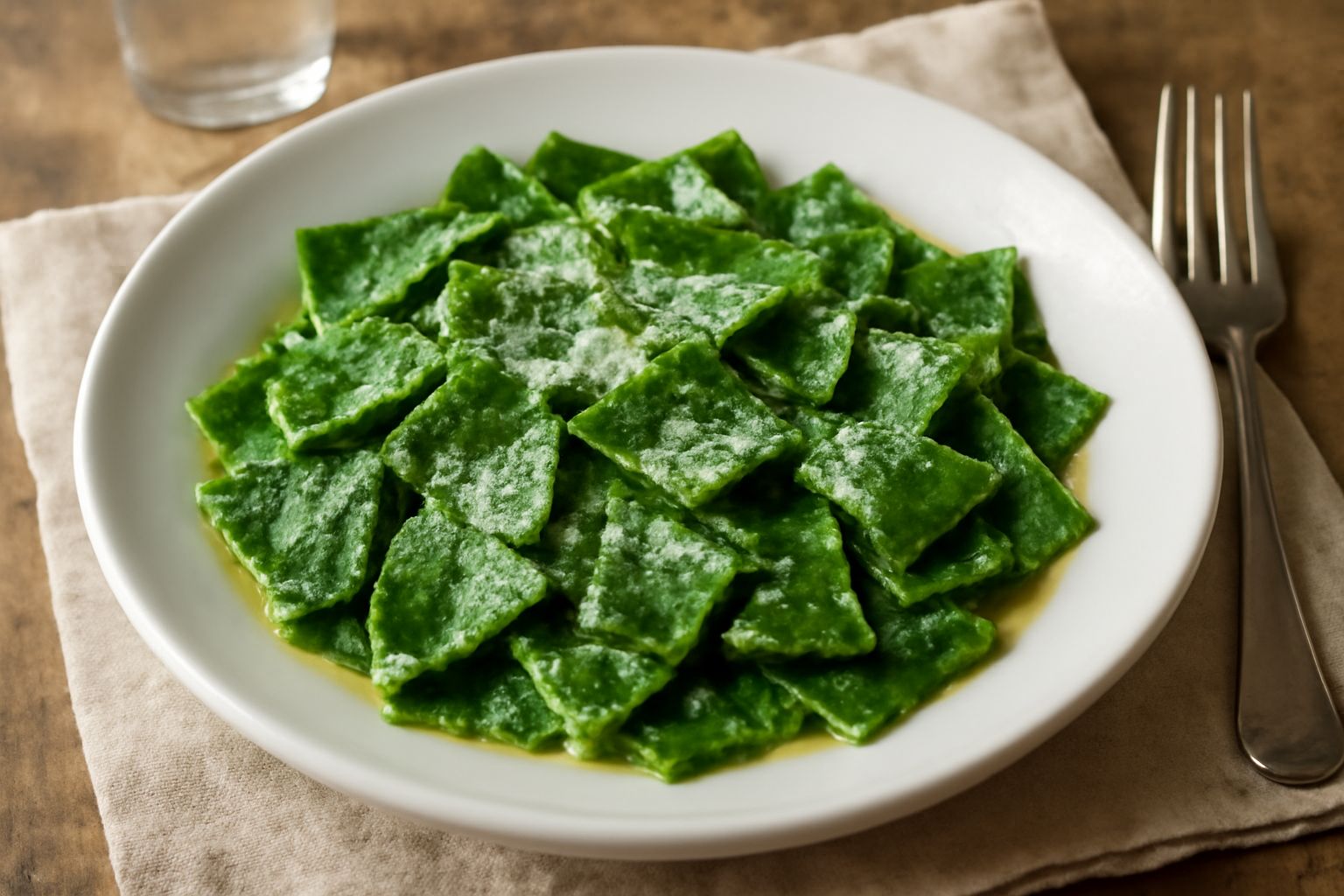 Maltagliati verdi appena cotti in un piatto bianco, pezzi di pasta dal taglio irregolare di colore verde intenso, ricoperti di burro fuso e briciole di parmigiano