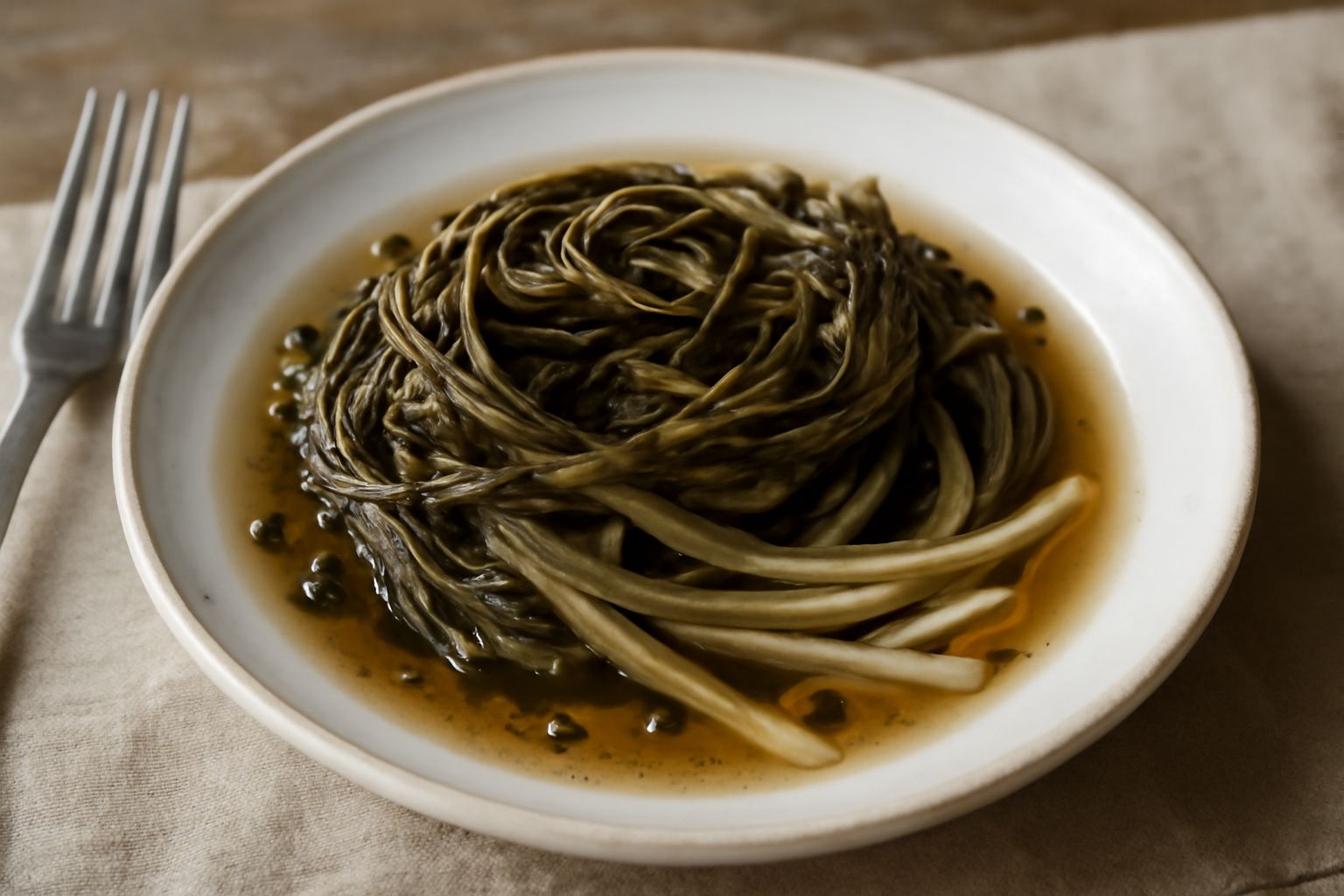 Vaso di vetro con malva sott'aceto verde oliva, con foglie intere e steli visibili, liquido trasparente con tracce di aceto e spezie, su sfondo di lino naturale