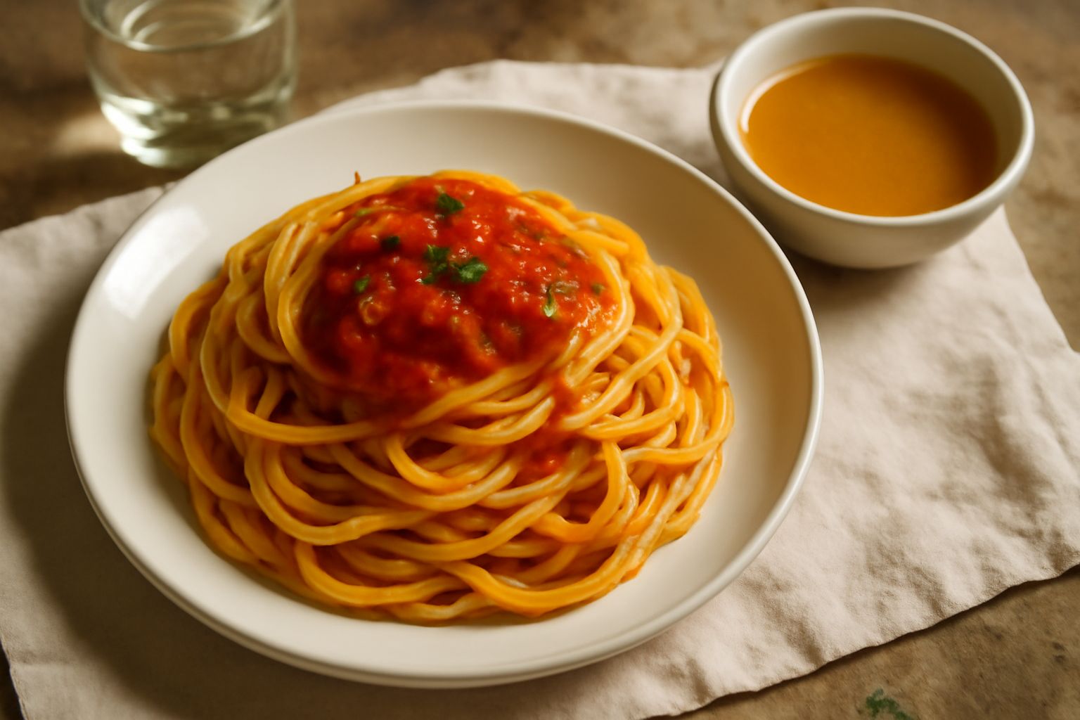 Salsa cremosa color ambra chiaro in una ciotola bianca, con gocce lucide, servita accanto a un calice di Malvasia, su un tavolo di legno naturale con erbe aromatiche fresche
