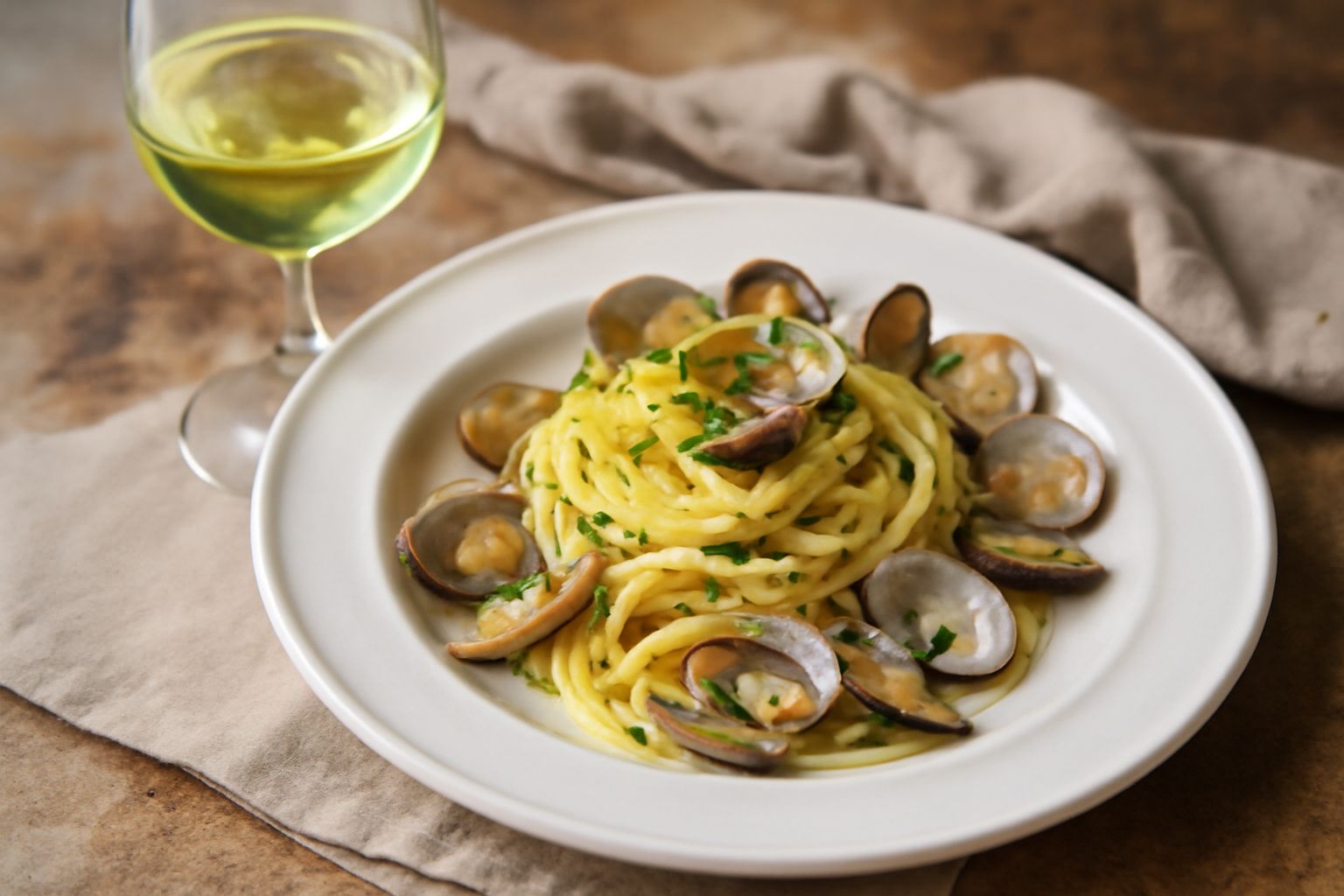 Bicchiere di vino bianco trasparente di colore giallo paglierino, con riflessi dorati, posato su un tavolo di legno accanto a una bottiglia di Malvasia, con sfondo di colline verdi sfuocate