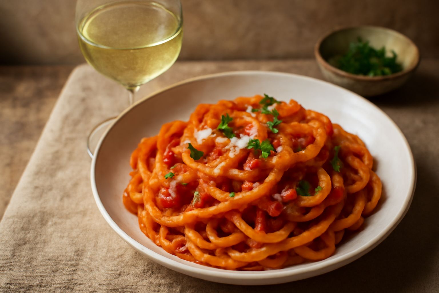 Bicchiere di vino bianco Malvasia del Chianti trasparente, color giallo paglierino, servito su tavolo di legno con grappoli d'uva bianca e foglie verdi, accanto a una bottiglia di vino leggermente sfo