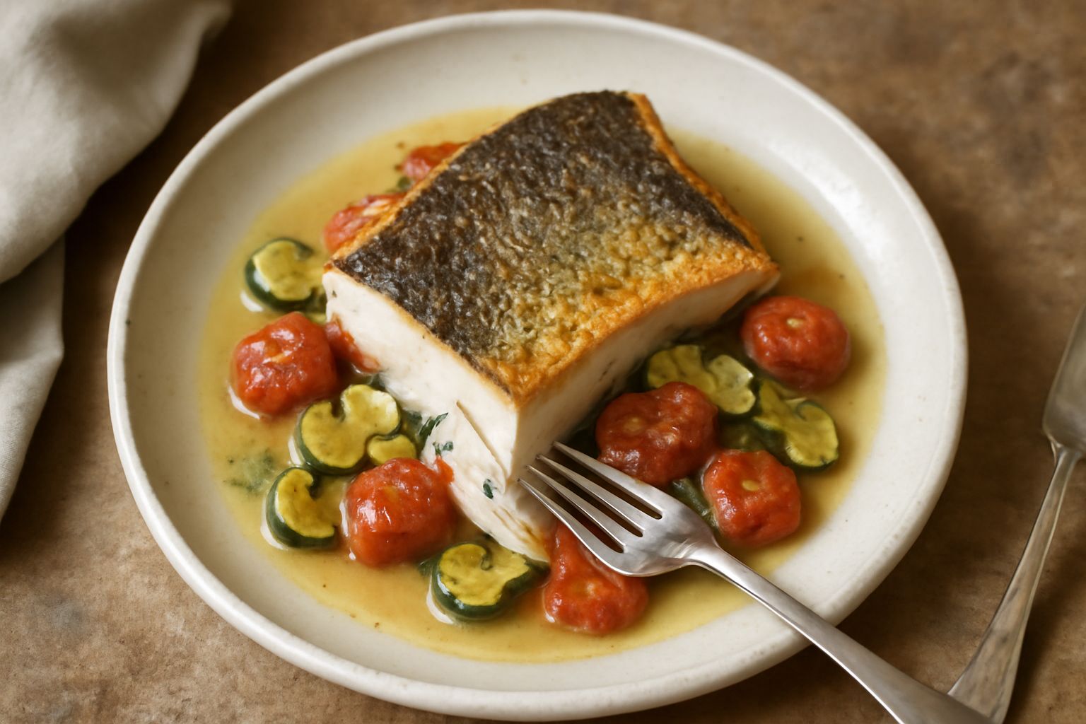 Branzino al forno dorato con contorno di zucchine e pomodorini, bagnato di vino bianco giallo paglierino, garnito con prezzemolo fresco e limone a spicchi, servito in piatto bianco