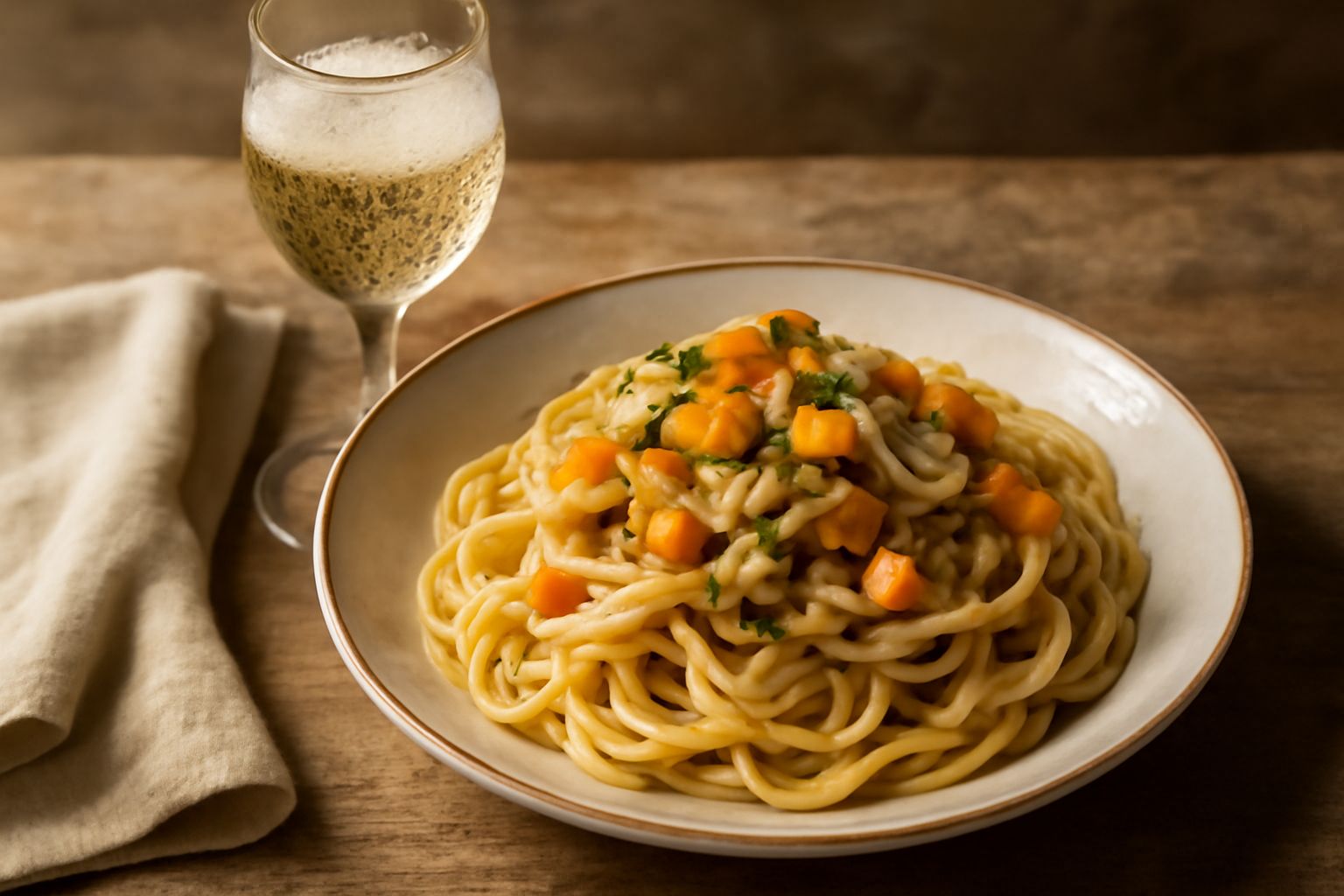 Calice di vetro trasparente con vino bianco paglierino, bollicine visibili, adagiato su una tavola di legno chiaro accanto a grappoli di uva bianca e fiori bianchi, sfondo sfumato in toni grigi