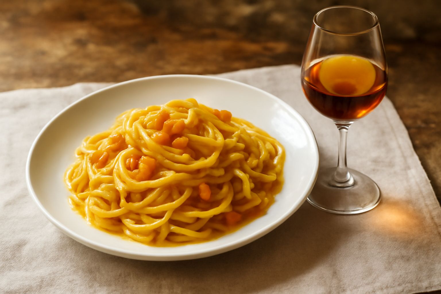 Bicchiere di Malvasia delle Lipari con colore dorato ambrato, servito su un tavolo di legno chiaro con sfondo di limoni siciliani freschi e bicchiere di ghiaccio