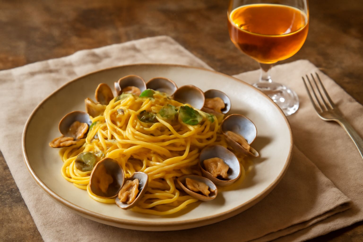 Bicchiere di vino bianco Malvasia dell'Istria dal colore ambrato, ripreso in controluce davanti a una finestra con vista sul mare, accanto a frutti di bosco freschi e una bottiglia d'epoca sullo sfond