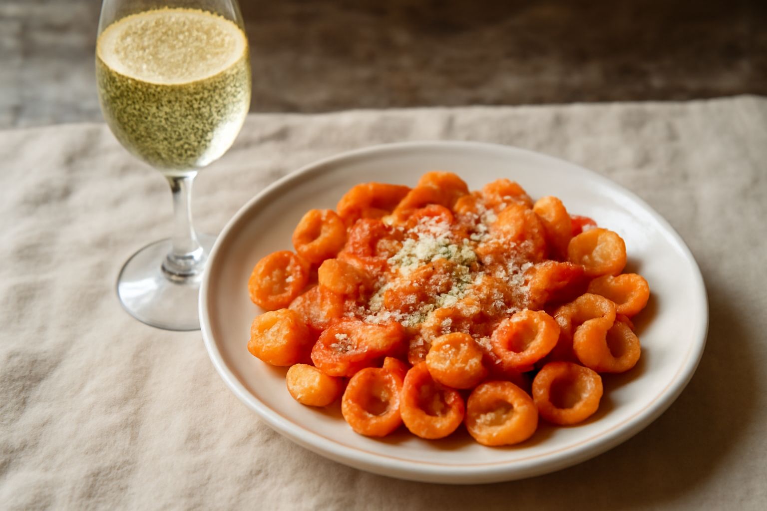 Flute di vetro trasparente con Malvasia dell'Oltrepò spumante, bollicine fini che risalgono verso l'alto, colore giallo paglierino chiaro, bollicine ancora attive, sfondo bianco, un calice appena colm