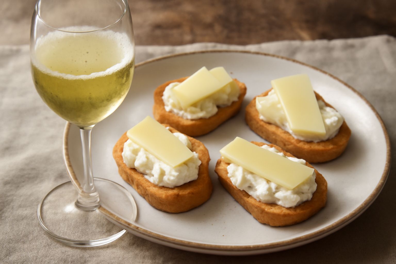 Calice di vino bianco Malvasia di Avellino con riflessi dorati, accanto a tartine croccanti con ricotta, formaggi freschi, fette di pera e uva bianca su un piatto bianco