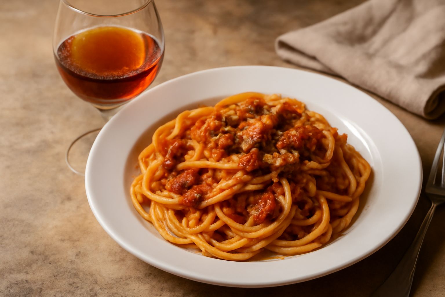 Bicchiere di Malvasia di Bagnara con colore ambrato e riflessi dorati, servito su tavolo di legno scuro con accanto uva moscato e biscotti secchi