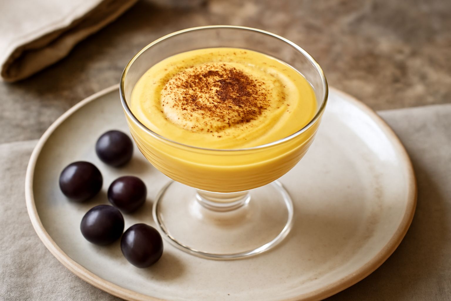 Bicchiere di Malvasia di Basilicata color ambra con riflessi dorati, accanto a frutta fresca, noci e un piatto di zabaione cremoso