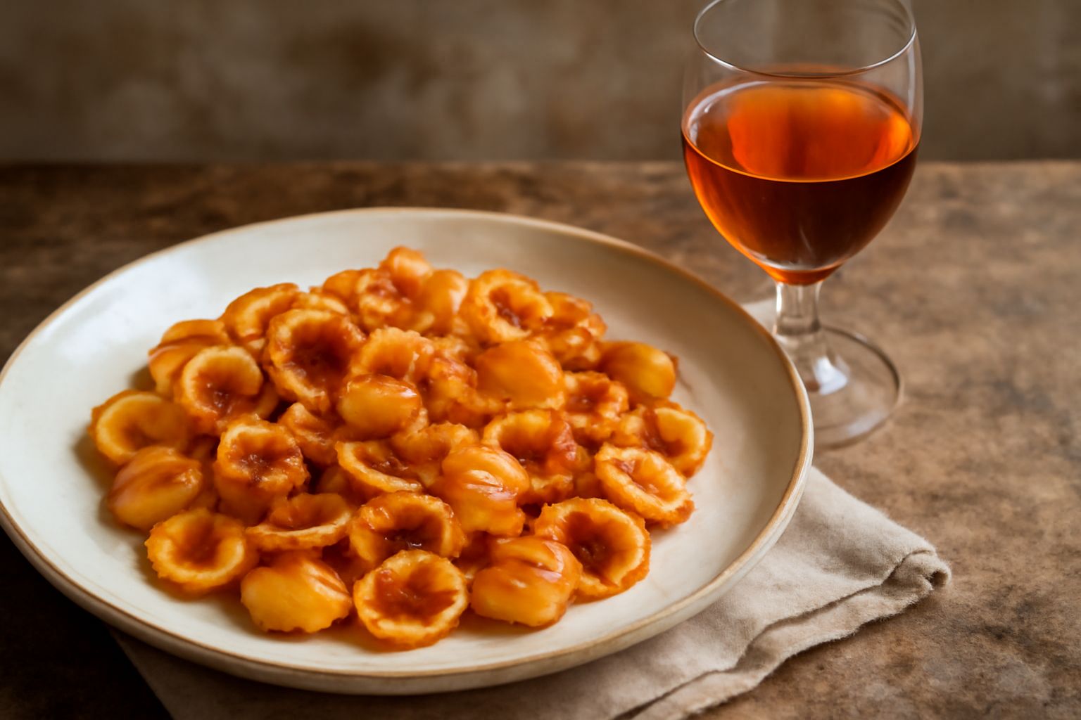 Calice di cristallo con Malvasia di Bosa dal colore ambrato e dorato, contornato da mandorle sgusciate, miele fluido in un cucchiaio di legno, e sullo sfondo una bottiglia verde scura su tavolo in leg
