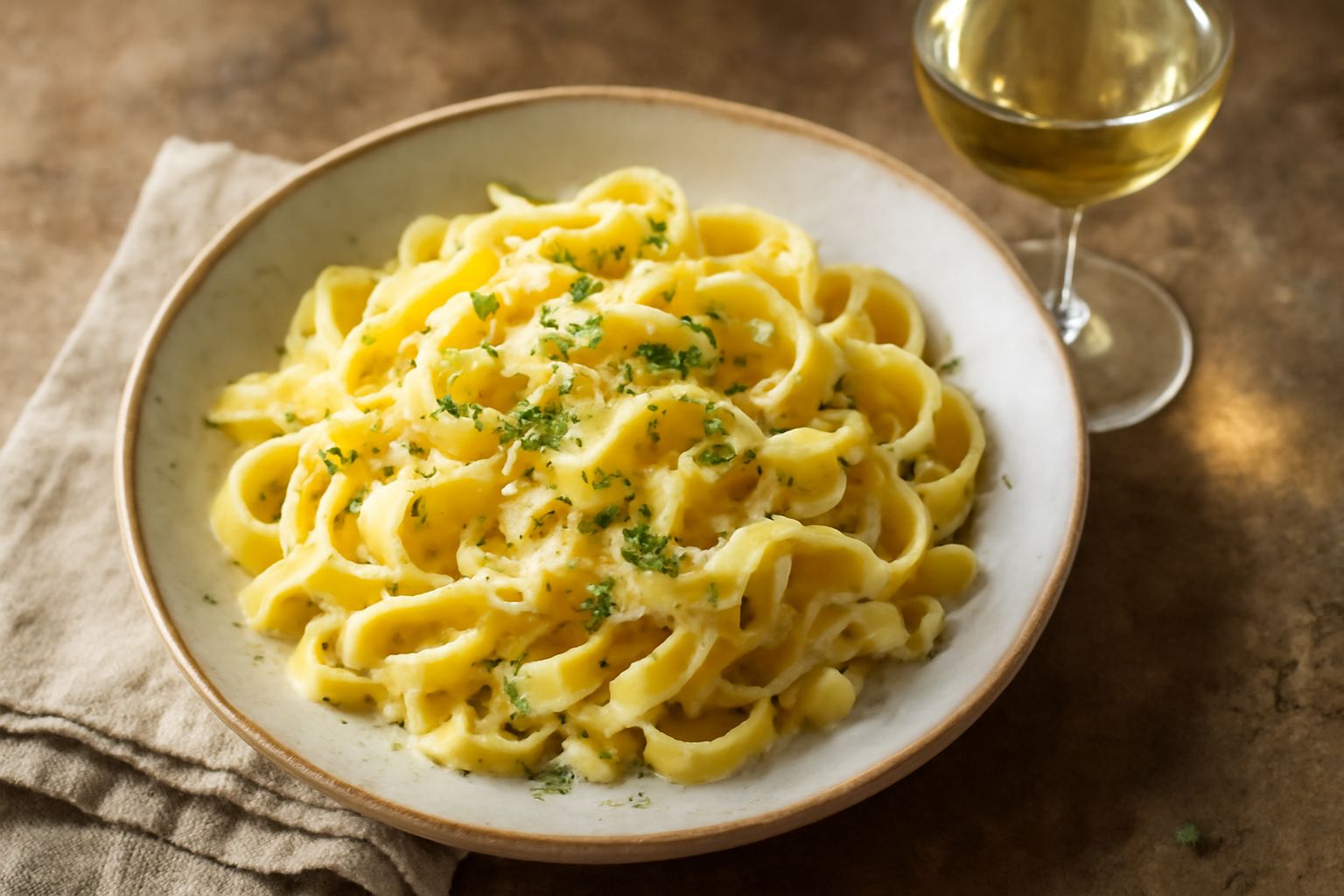 Bicchiere di vino bianco Malvasia di Frascati trasparente con riflessi gialli dorati, su uno sfondo di uva bianca fresca e foglie verdi di vite