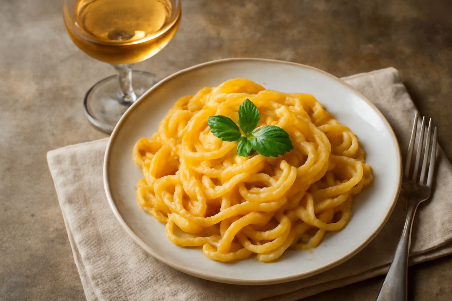 Calice di Malvasia di Parma dal colore giallo paglierino con riflessi dorati, poggiato su tavolo di legno con spiga di grano e grappolo d'uva verde sfocato sullo sfondo