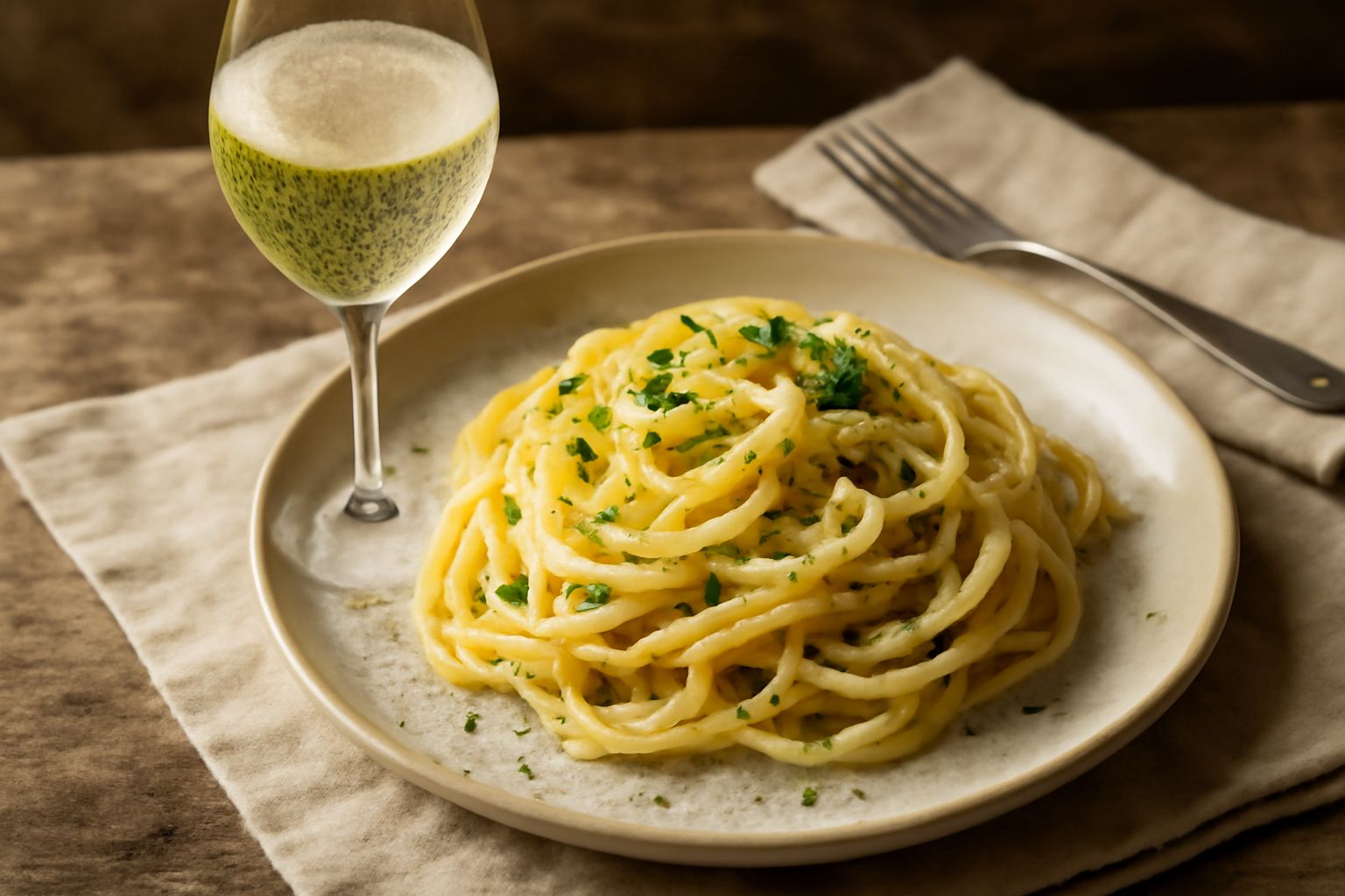 Calice di vino bianco paglierino dalla trasparenza cristallina con riflessi dorati, servito a una temperatura fresca, su uno sfondo di piatti di pesce crudo e limone affettato