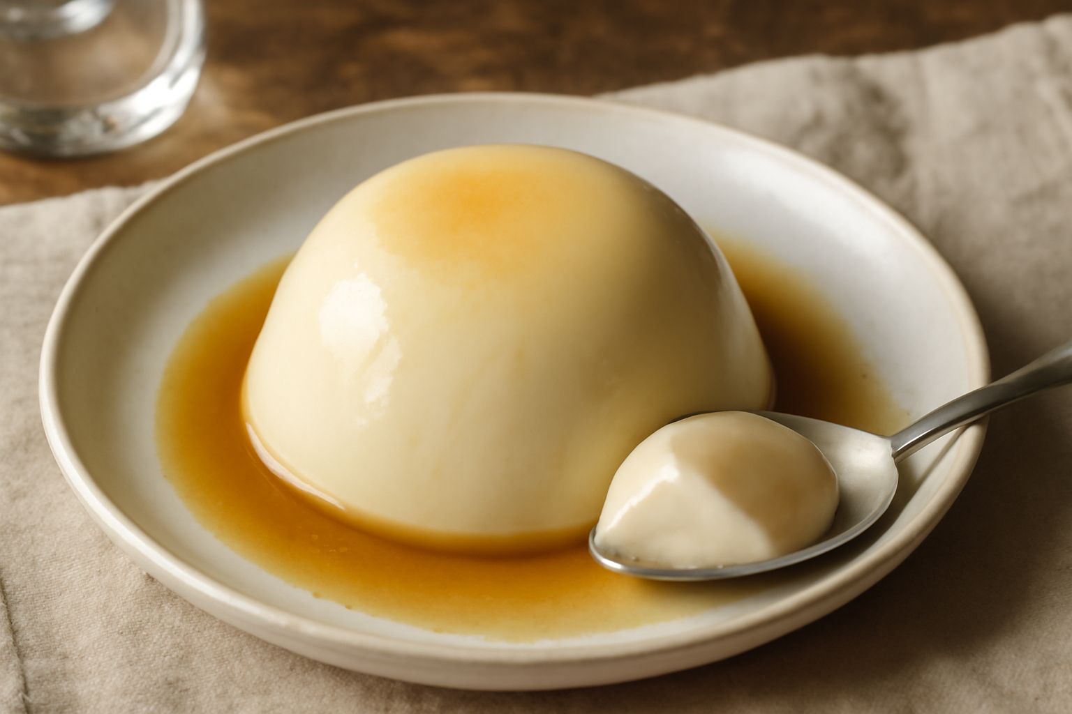 Bicchiere di Malvasia di Romagna color ambrato su tavolo in legno con uva bianca, accanto a una ciotola con panna cotta decorata con scaglie di pistacchio
