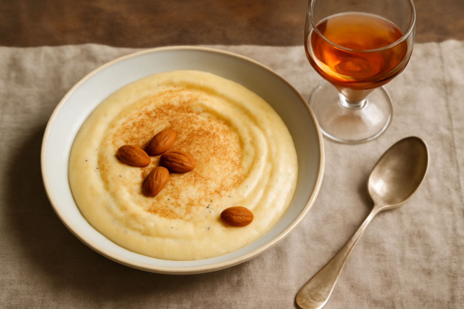 Bicchiere di Malvasia dolce color ambra con riflessi dorati, accanto a un cucchiaio di zabaione cremoso in una ciotola bianca, su uno sfondo di legno chiaro con una bottiglia di vino sfocata sullo sfo
