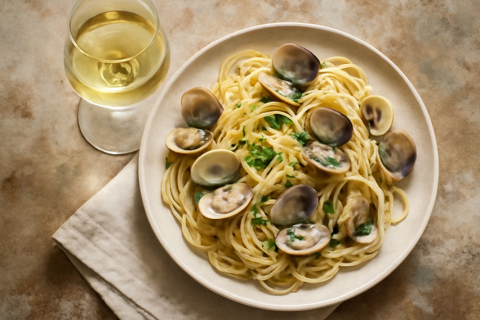 Calice di vino bianco Malvasia Istriana dal colore giallo paglierino, con riflessi dorati, poggiato su una tovaglia bianca, con una bottiglia sfocata sullo sfondo