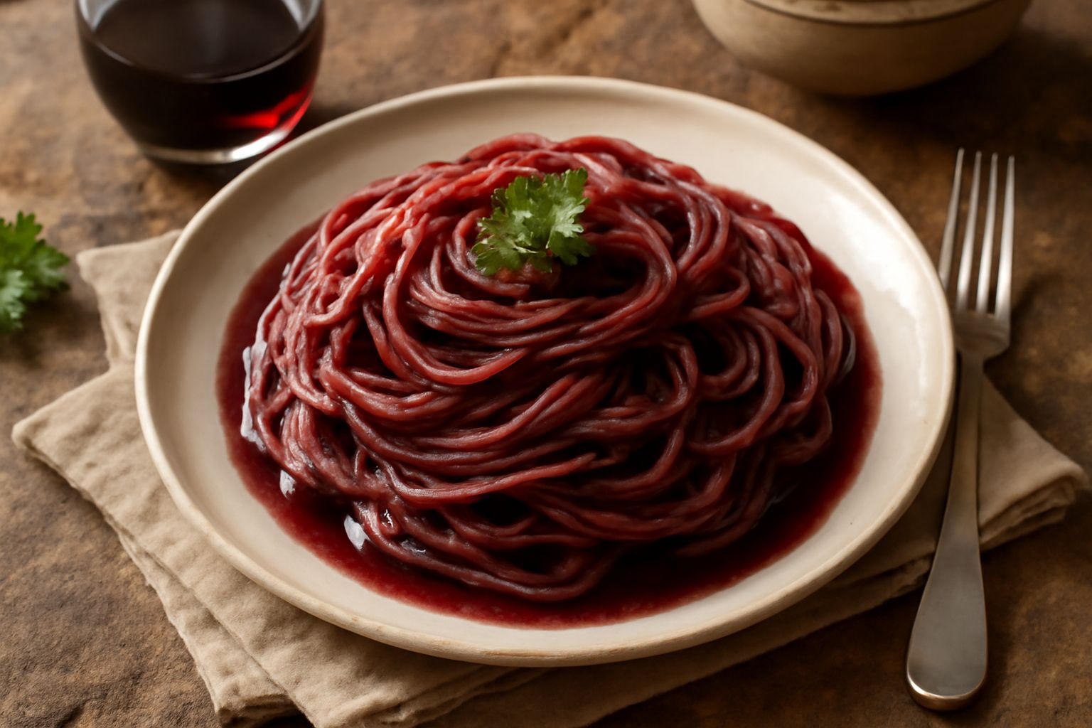 Bicchiere di vino Malvasia Nera di colore rosso rubino accanto a una padella con carne che sfuma nel vino, con erbe fresche e aglio su un tavolo da cucina