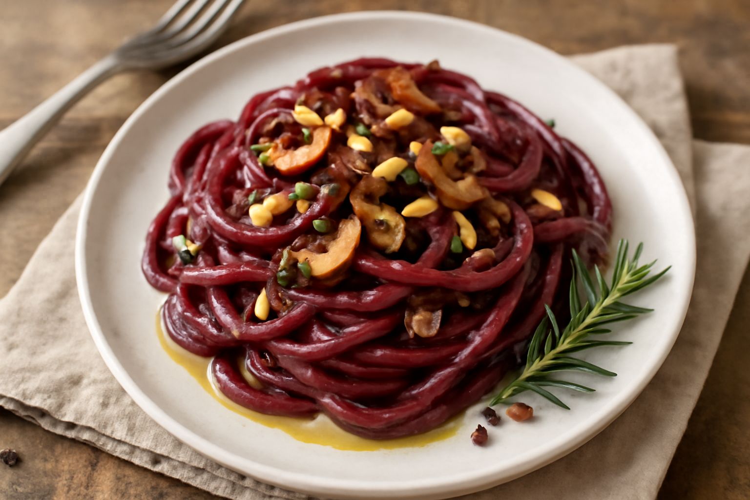 Piatto di pasta bianca con salsa scura color bordeaux, funghi neri affettati, rosmarino fresco sopra, bicchiere di vino rosso scuro sullo sfondo, tutto su fondo di legno chiaro