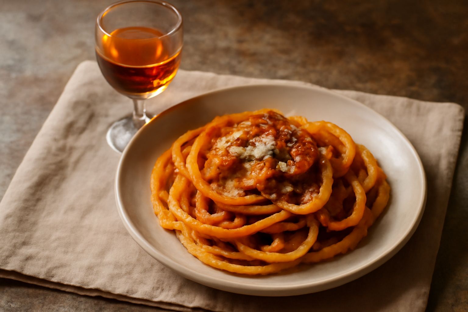 Calice di malvasia puntinata color ambrato con riflessi dorati, versato da una bottiglia in vetro scuro, con tavolo in legno naturale sullo sfondo
