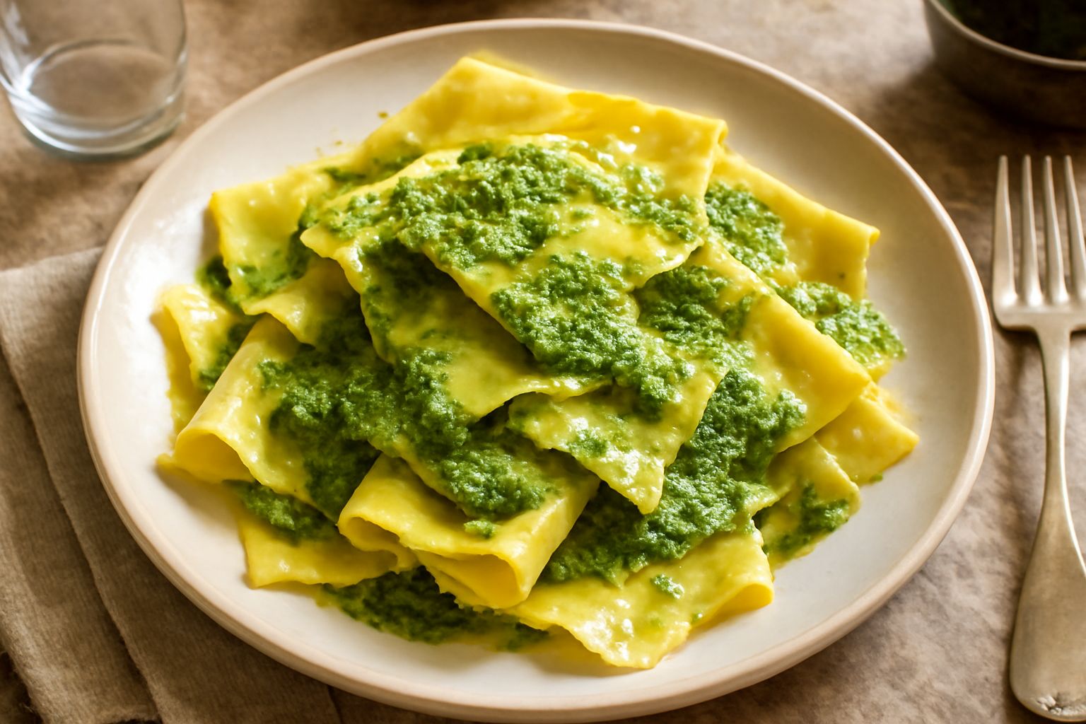 Piatto di mandilli de sæa quadrati color biondo dorato con pesto verde intenso, foglie di basilico fresco, pinoli e formaggio grattugiato visibile in superficie, su un piatto bianco a fondo azzurro