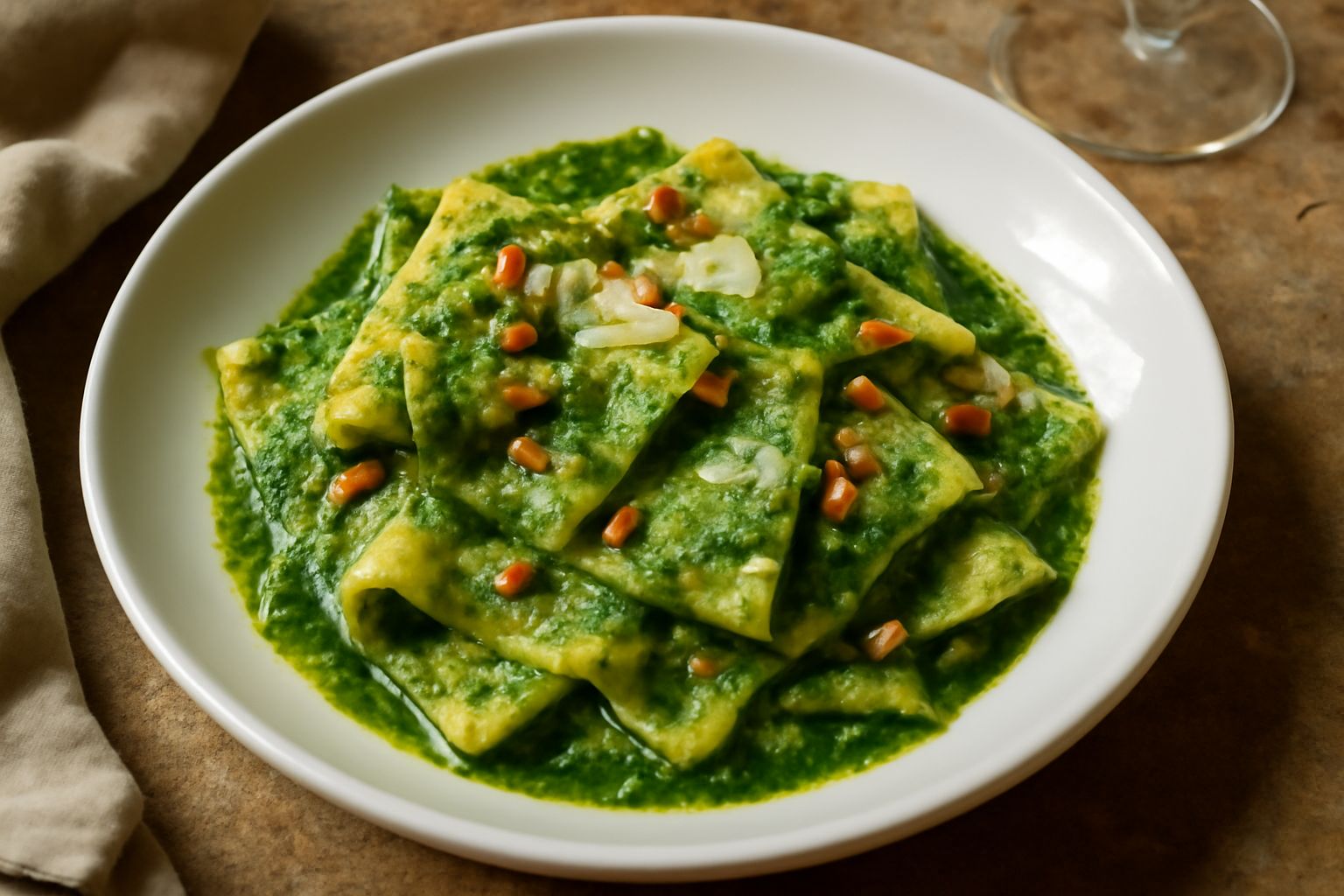 Mandilli di seta disposti nel piatto bianco, rettangoli di pasta color paglierino piegati leggermente, ricoperti di pesto verde scuro, pinoli tostati sparsi in superficie, formaggio grattugiato bianco