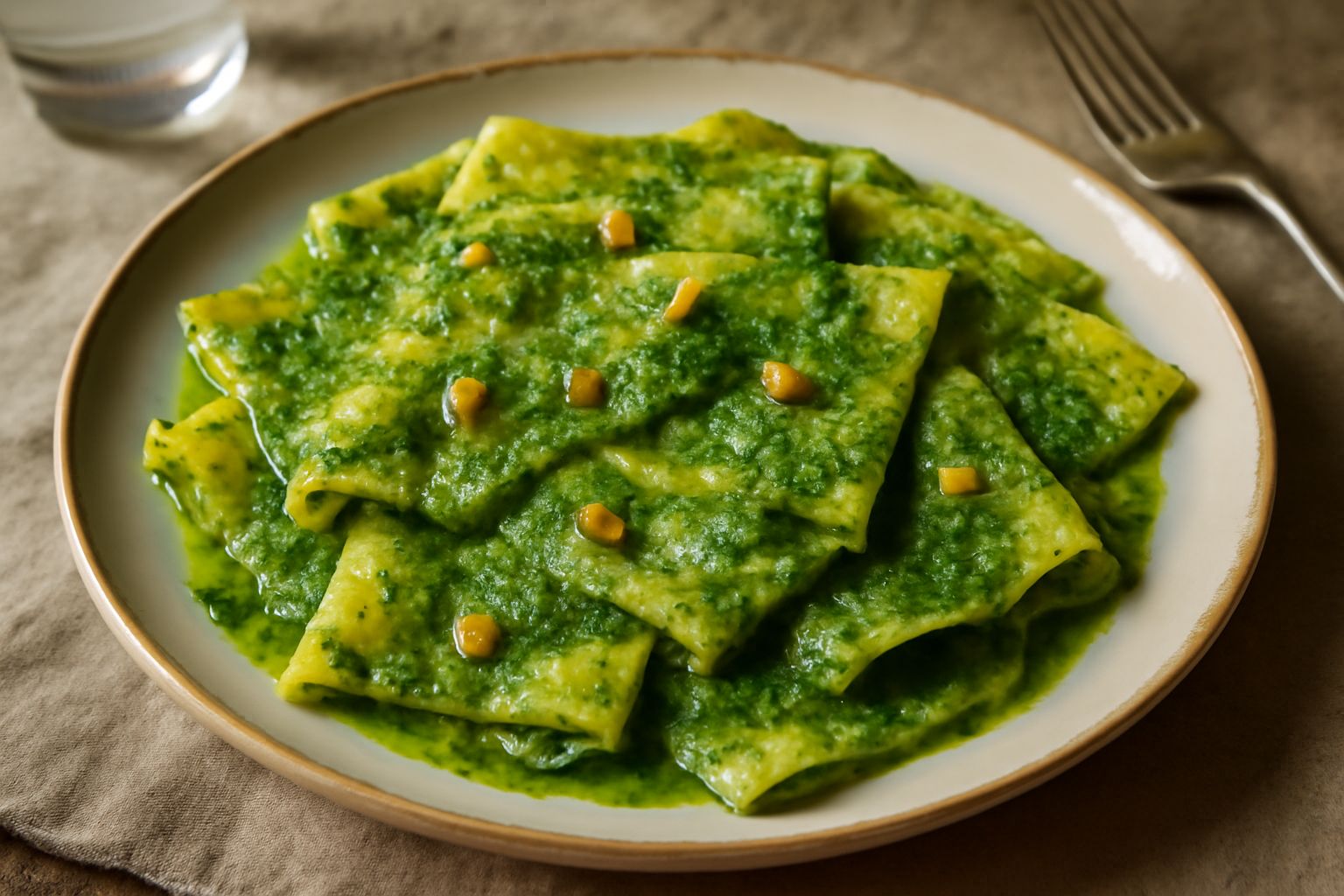 Mandilli di seta arrotolati nel piatto di porcellana bianca, ricoperti di pesto basilico verde brillante, con pinoli tostati sparsi in superficie e fili di olio d'oliva