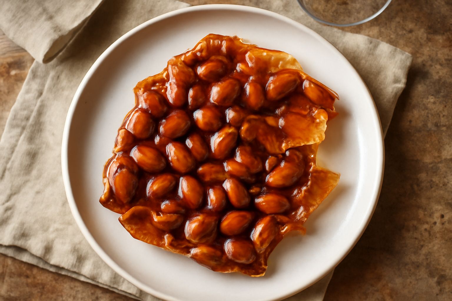 Mandorle intere ricoperte di caramello dorato brillante, ammassate in una ciotola di ceramica bianca su tavolo di legno scuro. Alcune mandole singole sparse intorno, caramello lucido e trasparente vis
