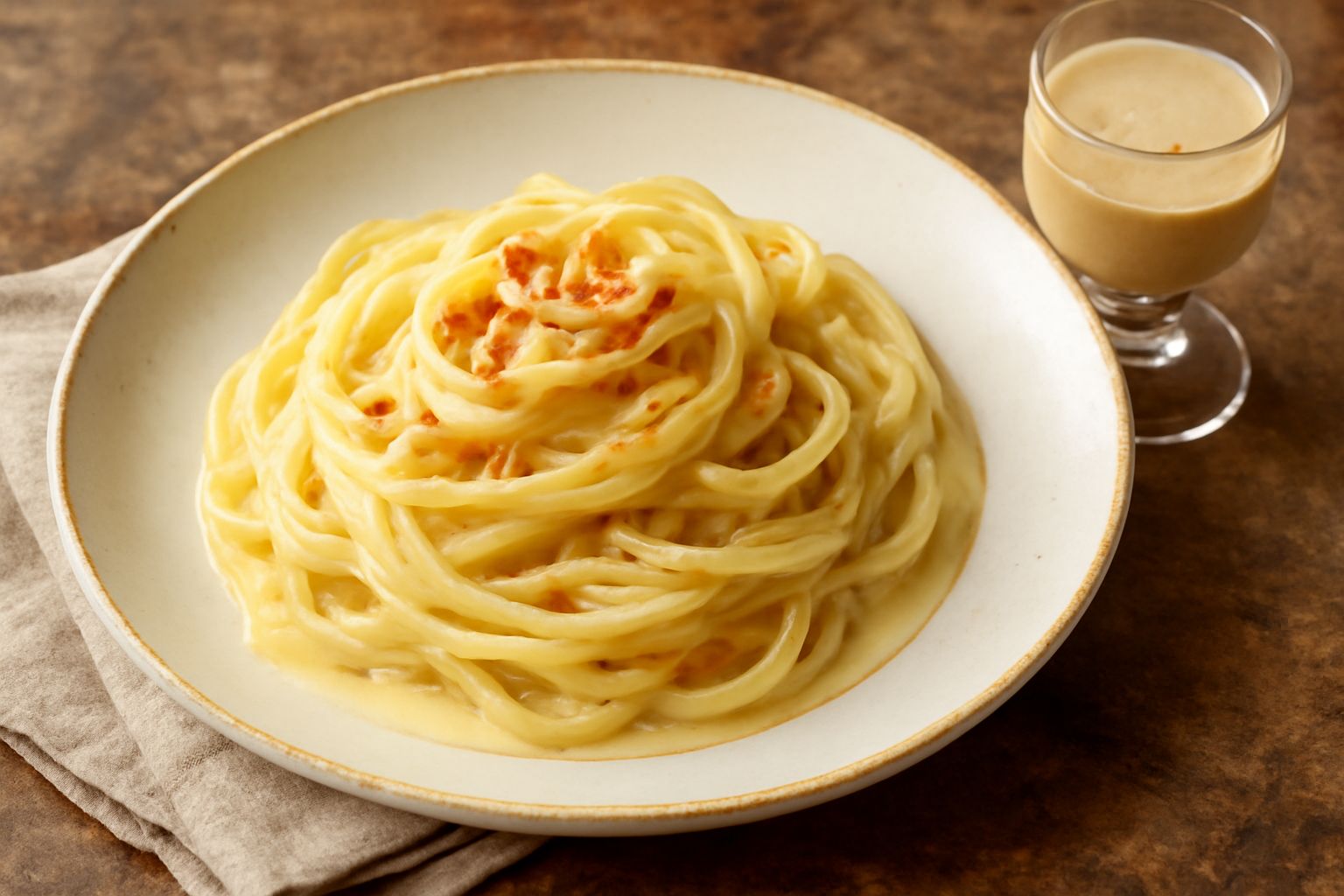 Bicchiere con liquore di mandorla color beige crema, trasparente e luminoso, su tavolo di legno scuro con mandorle intere sgusciate sparse accanto e una bottiglia di vetro sfocata sullo sfondo